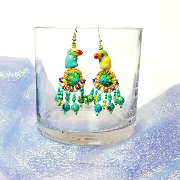 Whimsical Colorful Tropical Parrot Beaded Dangling Earrings, BOHO - Picture 3 of 6